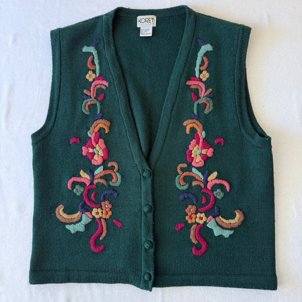 Koret Petites Green Floral Embroidered Wool Blend Sweater Vest Large vintage